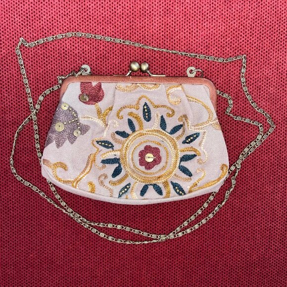 FOSSIL Crewel Frame Mini Multicolor Kisslock Clutch Canvas Crossbody Purse - Picture 4 of 16